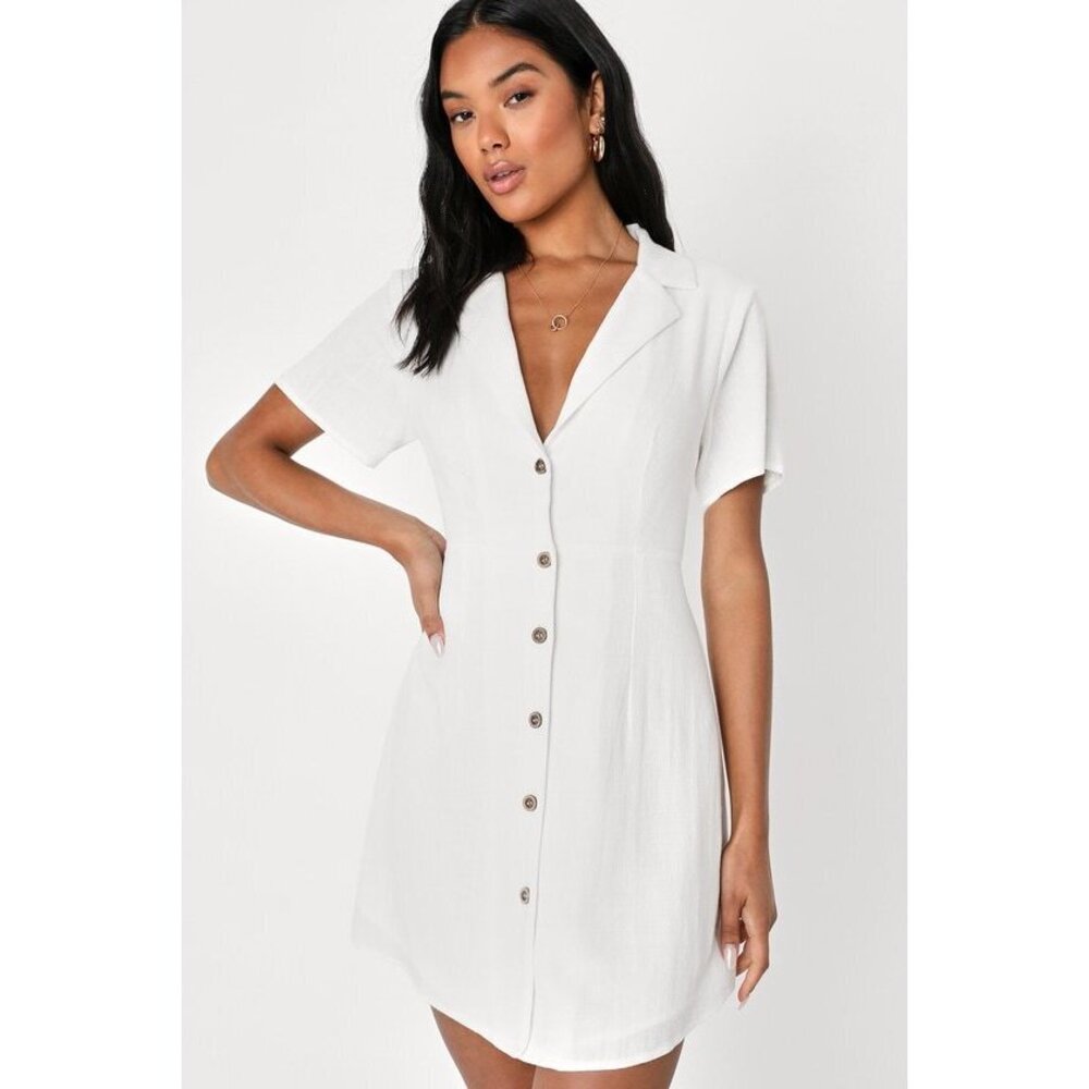 Lulus Central Park Sweetie White Linen Collared Button-up Mini Dress - Size M